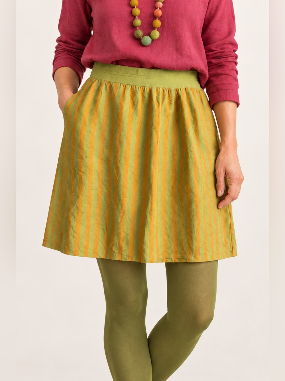 Gudrun Sjödén Skirt M Green Orange Striped Cotton A-Line